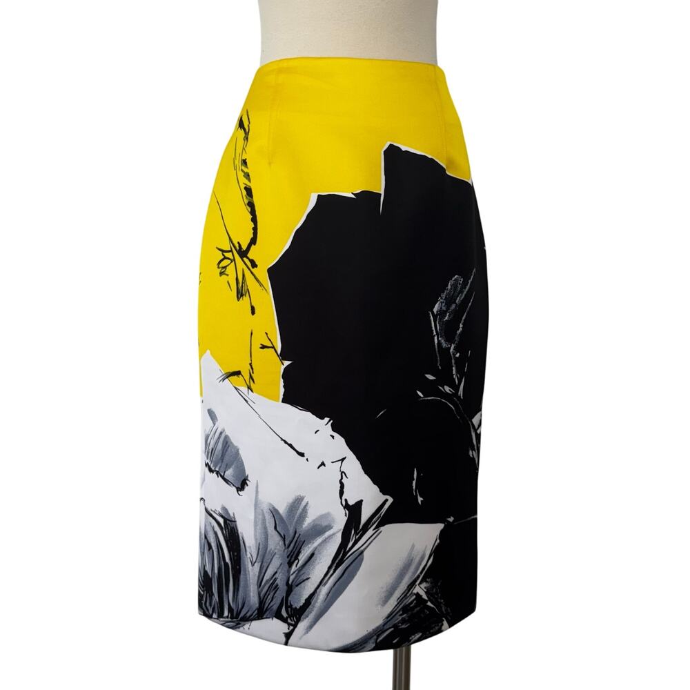 Prabal Gurung Knee Length Pencil Skirt Abstract Floral Print Satin Yellow 10